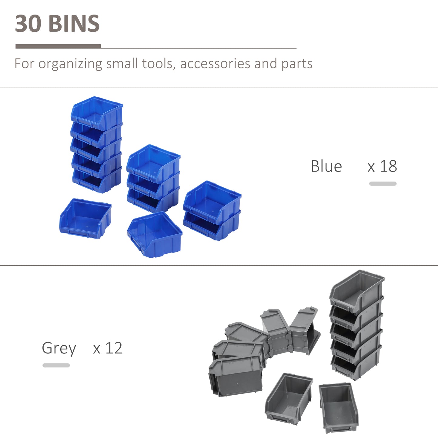 Wall Mounted Storage Bin Rack Tool Organizer with 30 Bins, Pegboard for Garage Workshops Blue