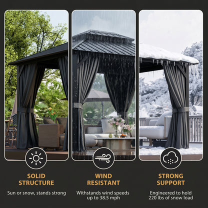 10' x 12' Hardtop Gazebo, Sun Shelter with Double Tier Metal Roof, Mosquito Netting, and Hanging Hook, Light Grey