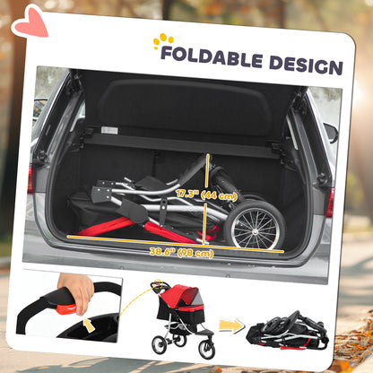 Pet Stroller for Small Dogs, 3 Rubber Wheels Pet Jogger, One-click Easy Folding All-Terrain Dog Stroller, Adjustable Canopy, Zippered Mesh Window Door, Storage Basket, Red