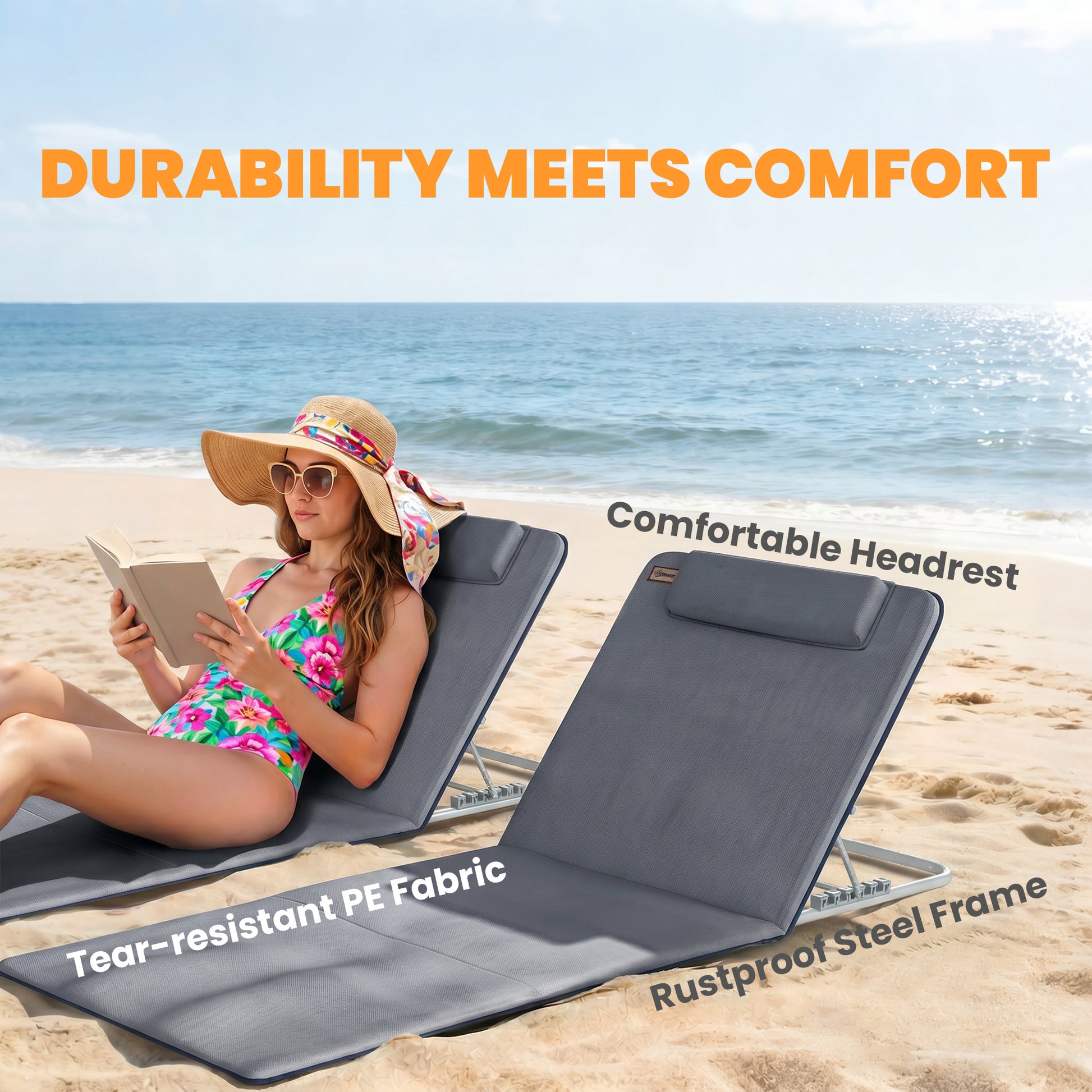 2 Pieces Beach Lounge Chair, Outdoor Folding Chaise Lounge Set w/ Pillow for Sunbath, Snap, Grey