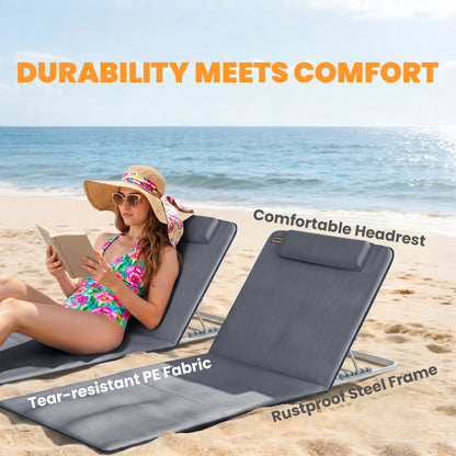 2 Pieces Beach Lounge Chair, Outdoor Folding Chaise Lounge Set w/ Pillow for Sunbath, Snap, Grey