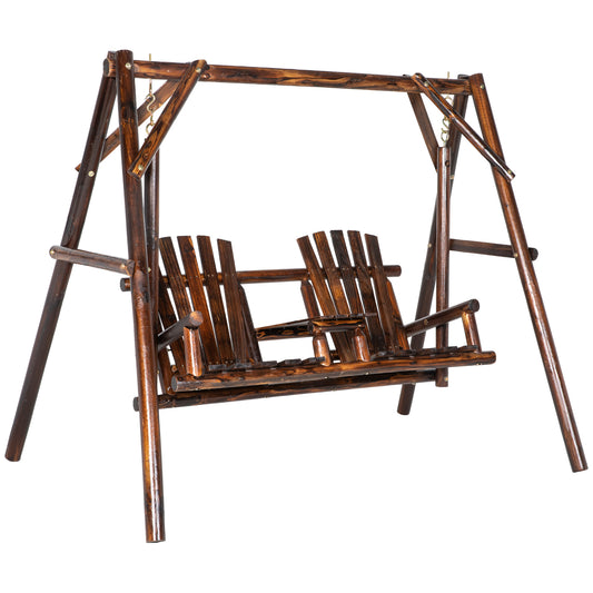 Wooden 2-Seat A-Frame Porch Swing Rustic Patio Bench Outdoor Furniture w/ Table