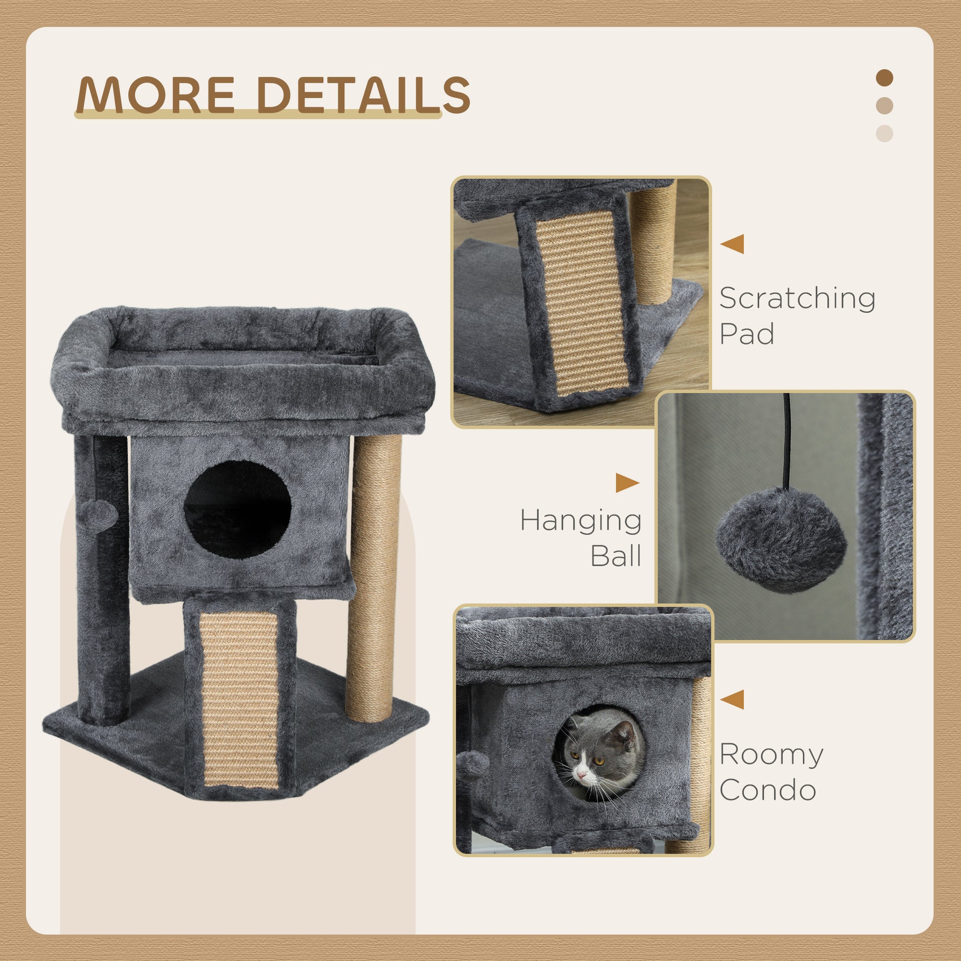 Cat Tree, Small Cat Tower with Perch, Scratching Post, Cat Condo, Toy Ball for Kitty, Indoor Use, Dark Grey