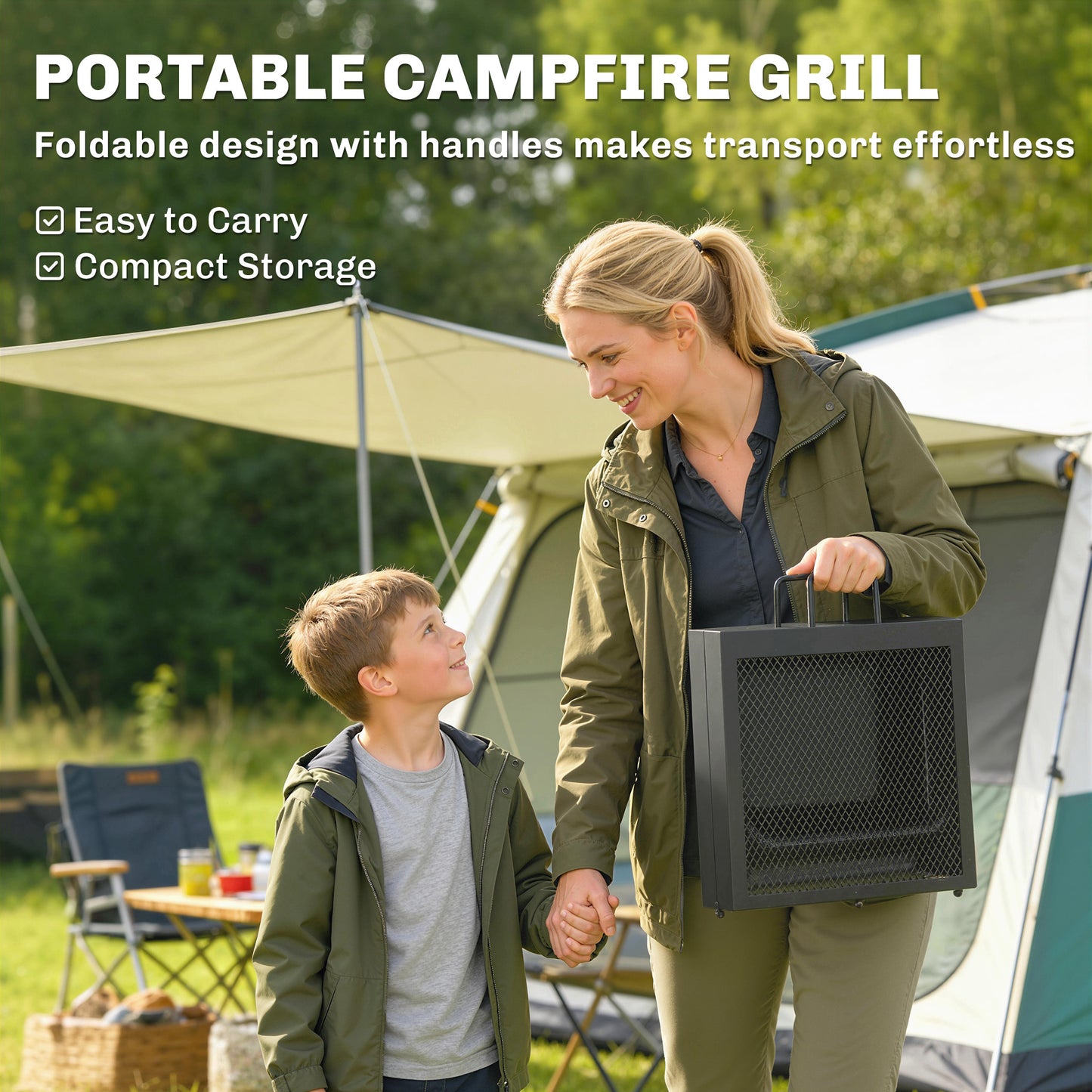 Folding Campfire Grill, Heavy Duty Steel Mesh Grate, Portable Camping Grate with Carry Bag, Black