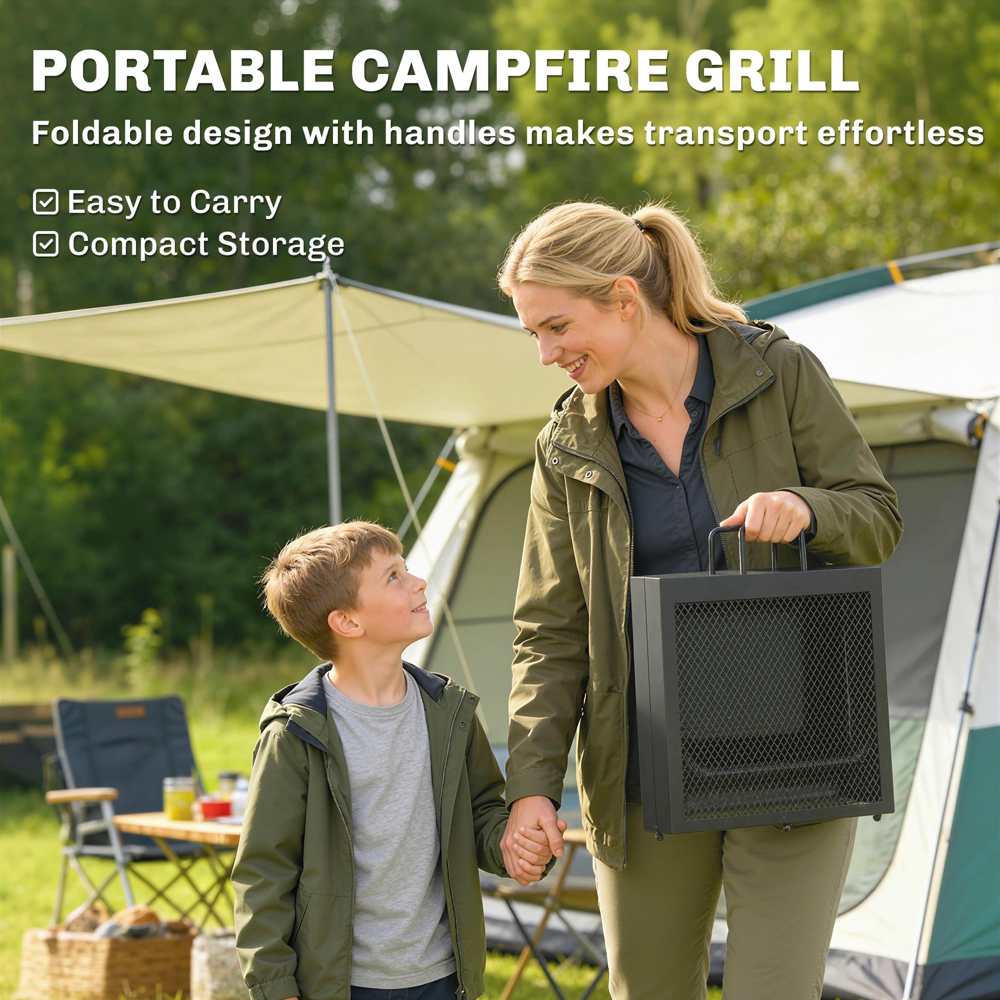 Folding Campfire Grill, Heavy Duty Steel Mesh Grate, Portable Camping Grate with Carry Bag, Black