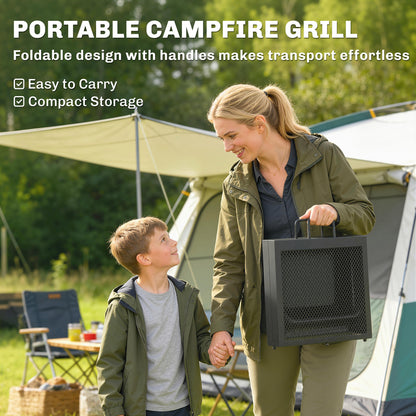 Folding Campfire Grill, Heavy Duty Steel Mesh Grate, Portable Camping Grate with Carry Bag, Black