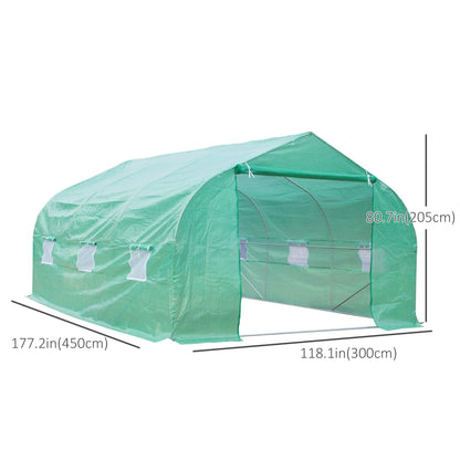 15' x 10' x 7' Walk-in Greenhouse Outdoor Plant Tunnel Warm Hot House w/ Roll Up Door and 6 Mesh Windows, Steel Frame, Green