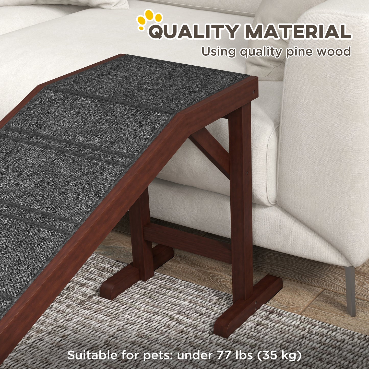 Pet Ramp Bed Steps for Dogs Cats Non-slip Carpet Top Platform Pine Wood 74"L x 16"W x 25"H Brown