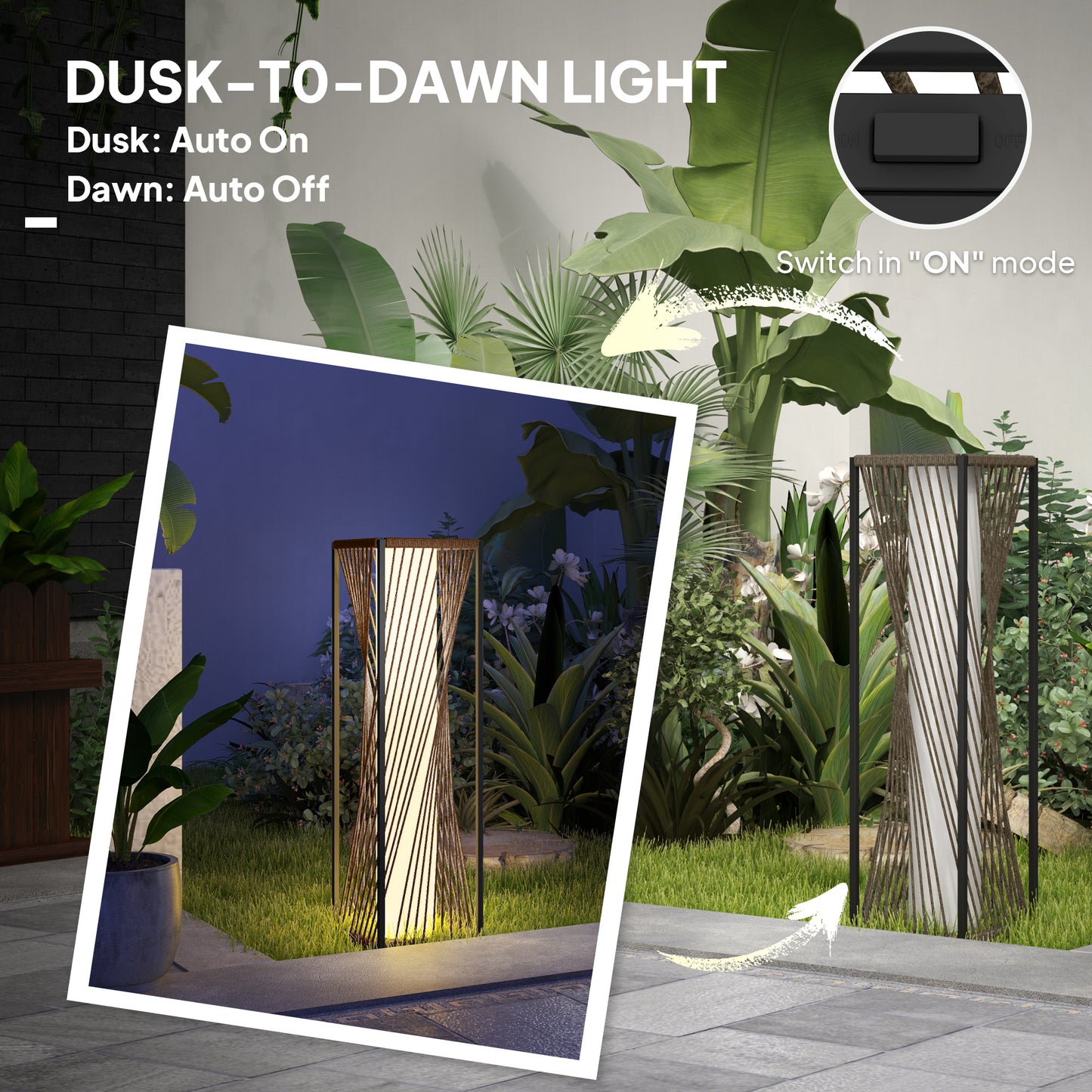 Rattan Solar Floor Lamp, Decorative Outdoor Lamp with Auto On/Off LED Lights, IP44 for Patio, Porch, Pathway, Brown