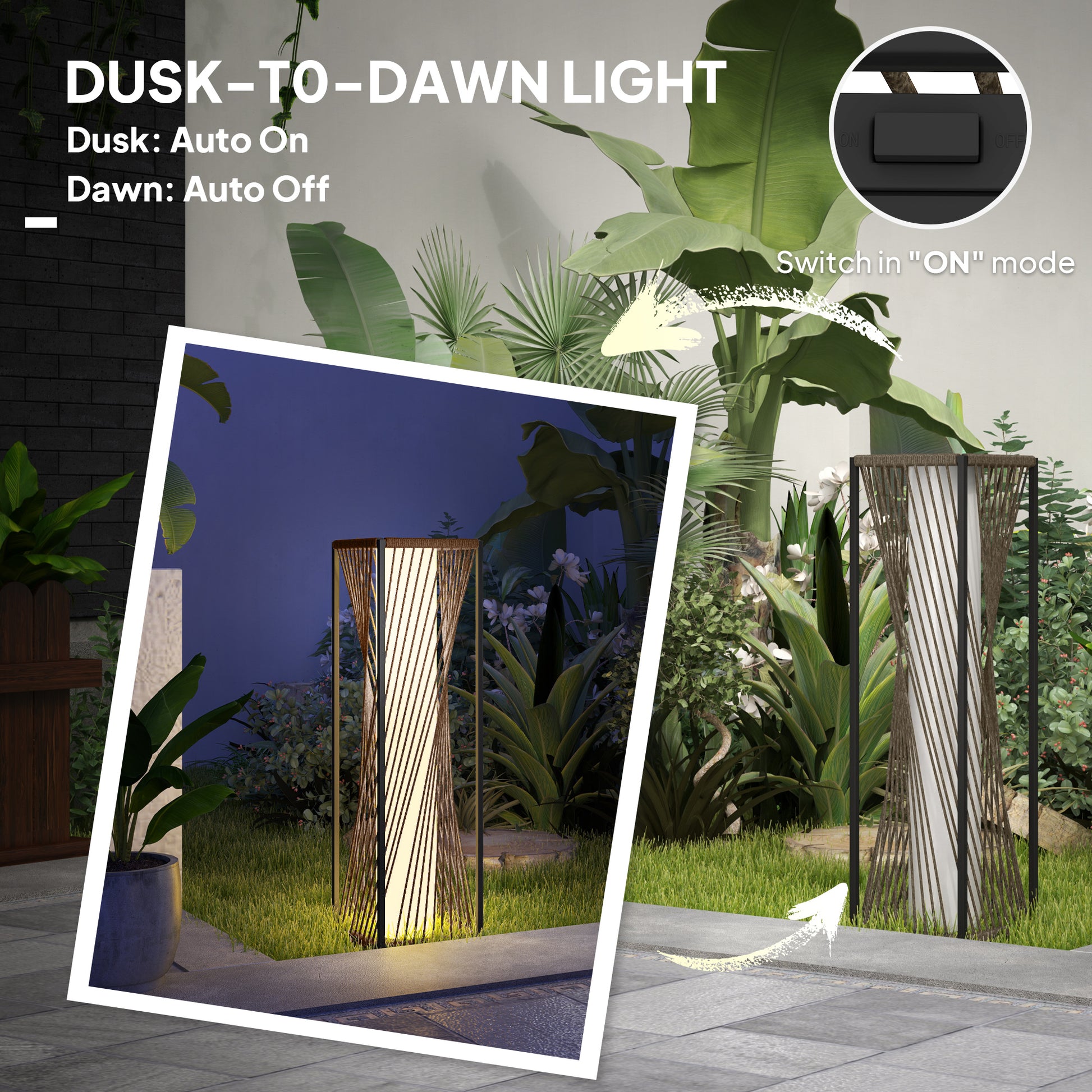 Rattan Solar Floor Lamp, Decorative Outdoor Lamp with Auto On/Off LED Lights, IP44 for Patio, Porch, Pathway, Brown