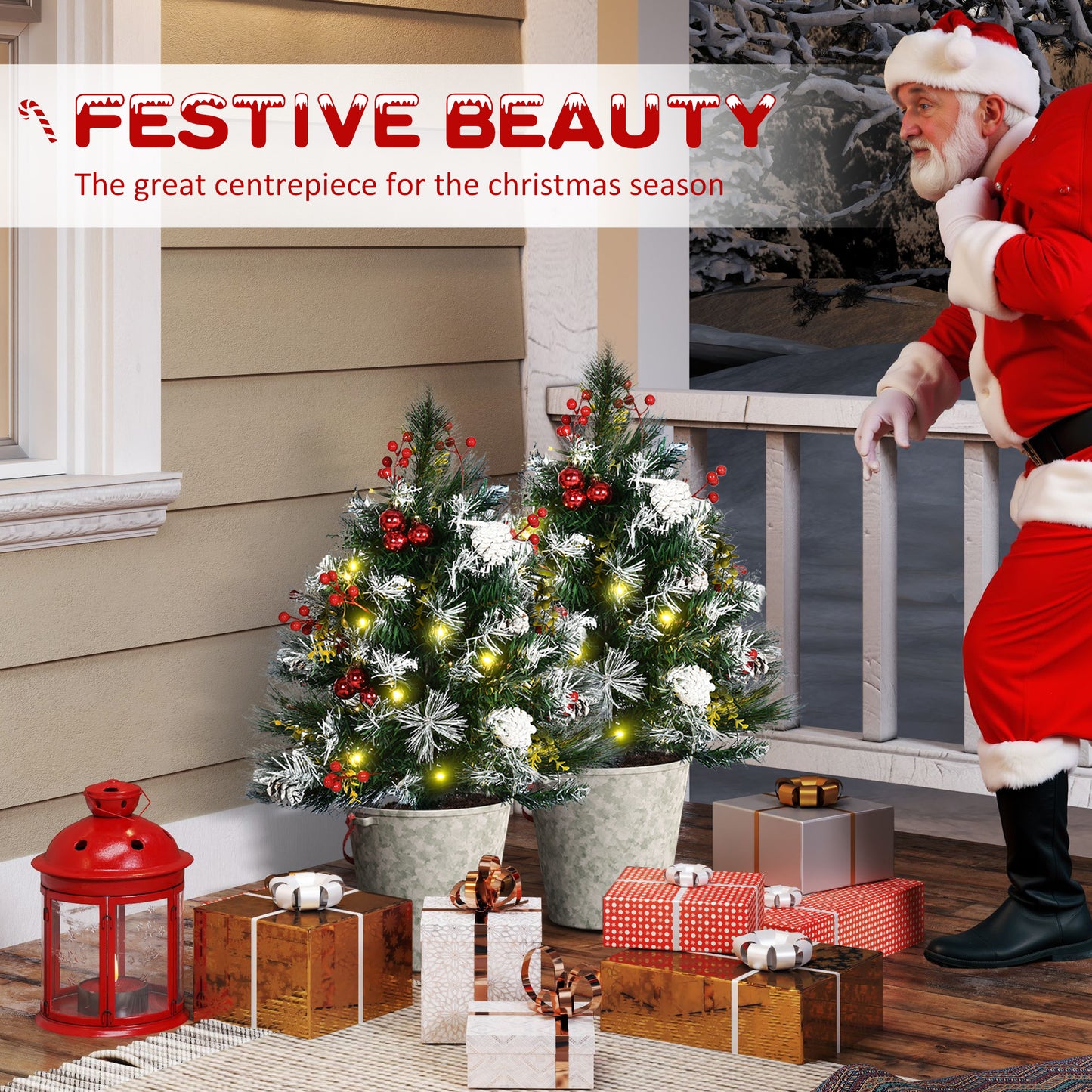 2 Foot/23 inch 2 Pack Prelit Artificial Christmas Tree Cordless with 70 Branches, Warm White LED lights, Red Berries, Pine Cones, Balls, for Outdoor Entryway, Green
