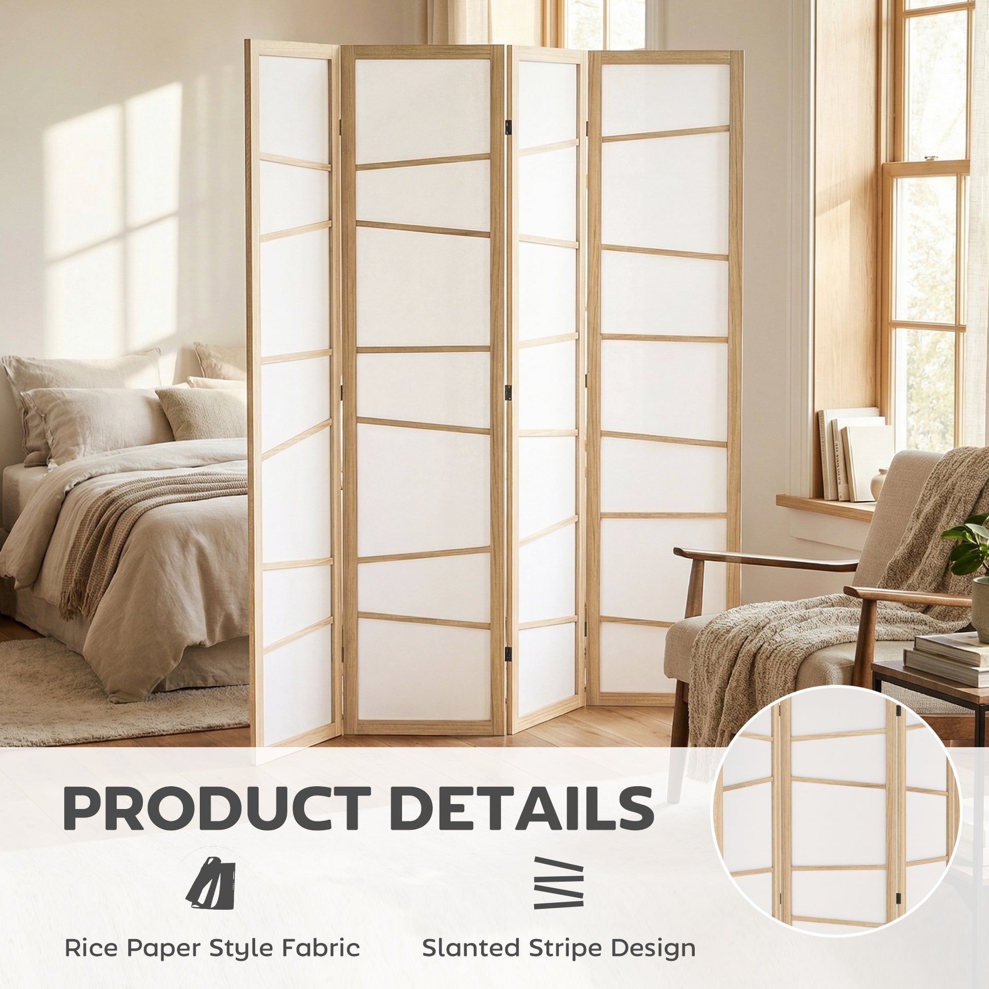 66.9" Folding Room Divider, 4 Panel Wall Partition with Wood Frame for Bedroom, Home Office, Natural Wood