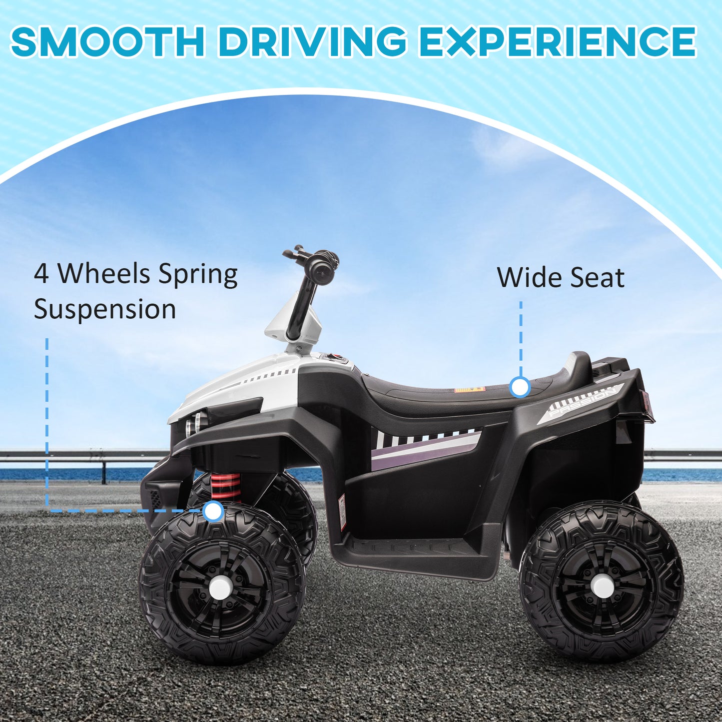 Qaba 12V Kids ATV with Four Wheels Spring Suspension, Forward & Backward, LED Light, MP3, Music, White
