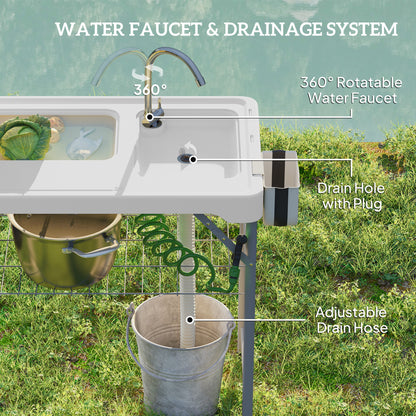 Folding Fish Cleaning Table with Sinks, Camping Sink with Faucet Drainage Hose Sprayer Shelf Drawer Storage Basket, Outdoor Sink Station for Beach Patio Picnic, White