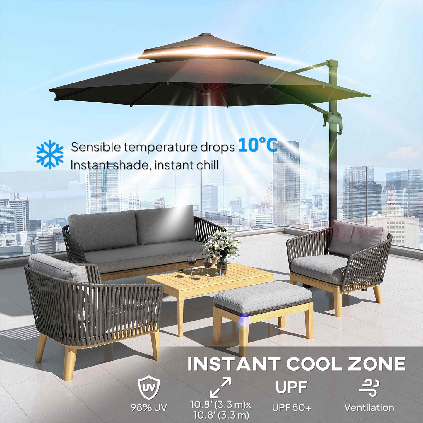 11ft Outdoor Cantilever Umbrella Rotatable Sun Shade Aluminum Market Umbrella with Adjustable Angle & Double-top Canopy for Backyard, Poolside, Lawn and Garden Dark Grey