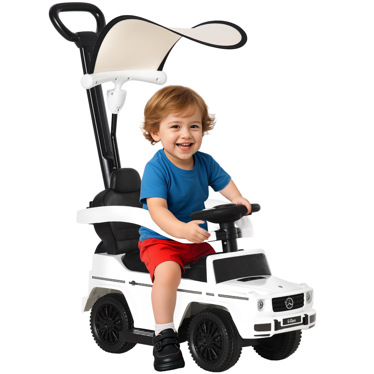 Aosom Mercedes-Benz G350 Licensed Push Car, 3-in-1 Toddler Sliding Car with Horn, Steering, Foot Rest, Seat Storage, White