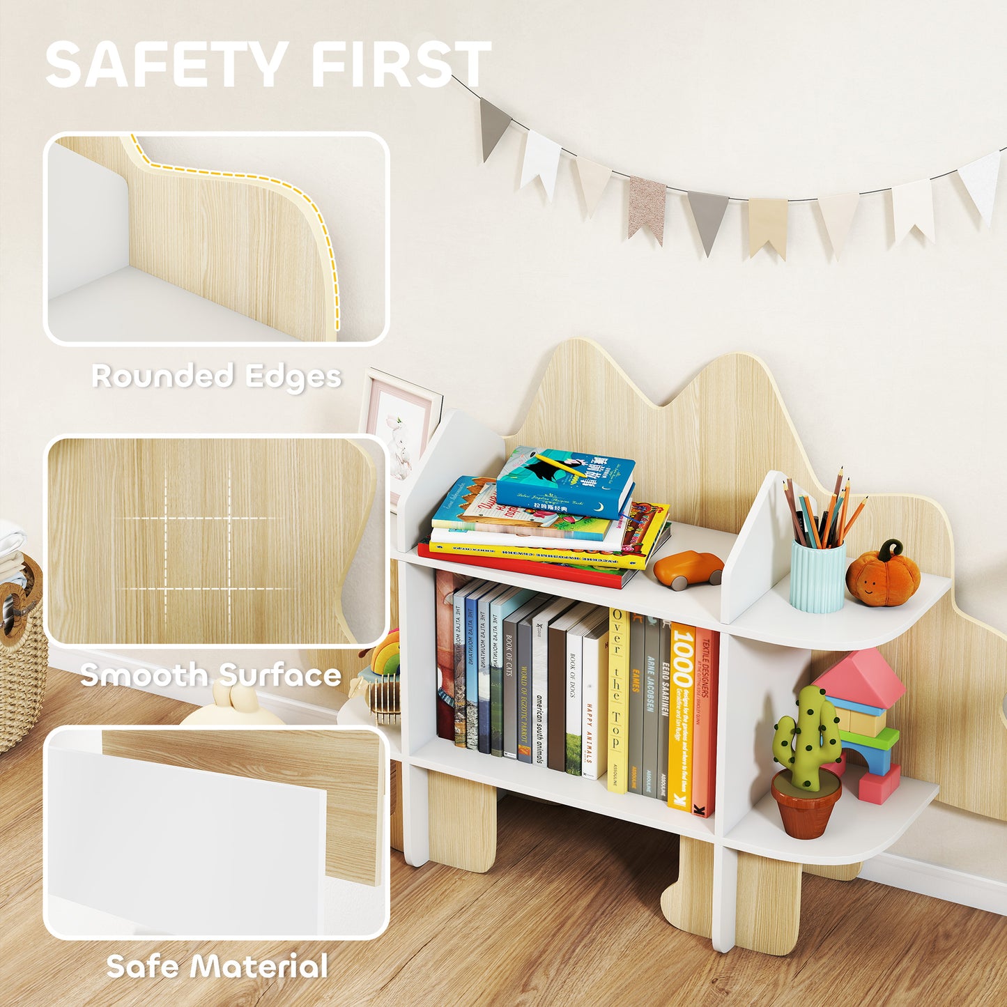 Qaba Dinosaur Themed Kids Bookshelf, 2 Tier Kids Bookcase, for Playroom, Bedroom, Living Room, Kids Room, Natural