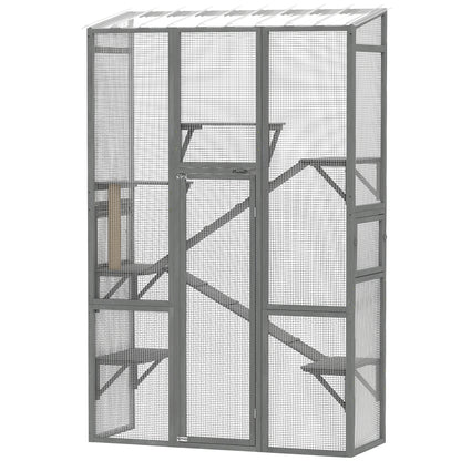 Large Outdoor Catio with 6 Jumping Platforms, Scratching Post, 2 Ramps, Waterproof Roof, Grey