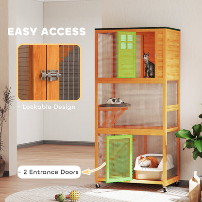 74" Wooden Outdoor Cat House Weatherproof & Wheeled with High Weight Capacity, Kitten Cage Condo, Orange