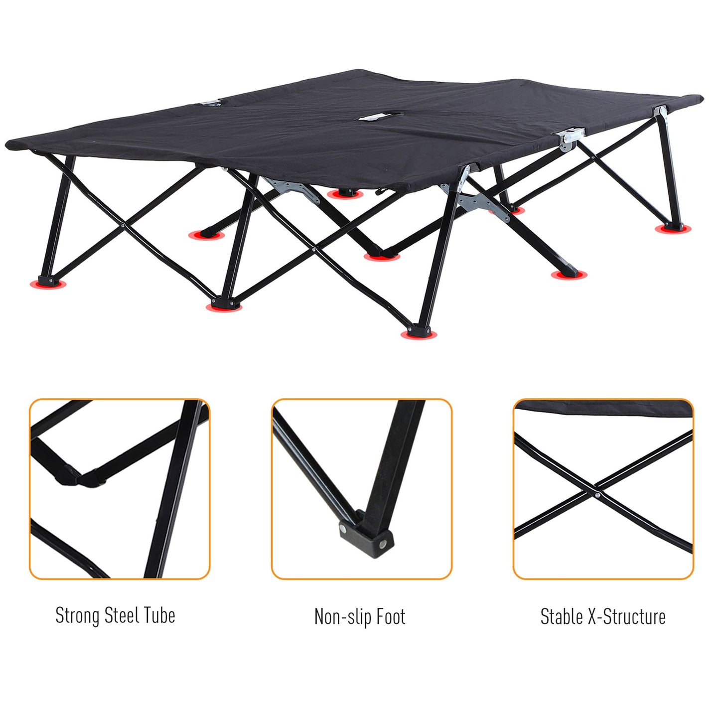 76" Two Person Folding Camping Cot Outdoor Portable Double Cot Wide Military Sleeping Bed w/ Carrying Bag Black