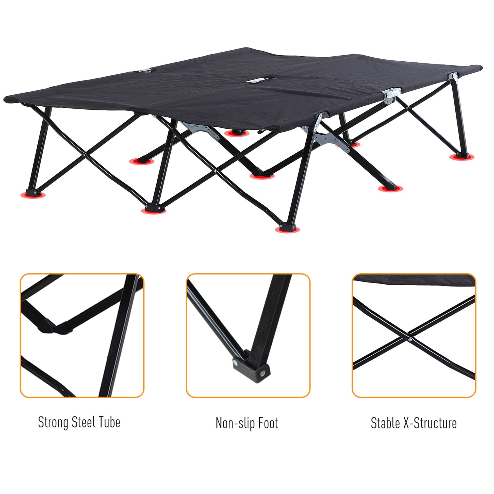 76" Two Person Folding Camping Cot Outdoor Portable Double Cot Wide Military Sleeping Bed w/ Carrying Bag Black