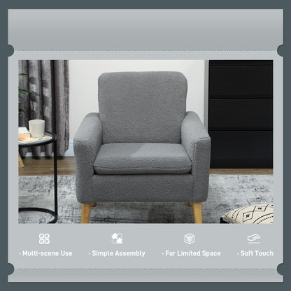 Fabric Accent Chair, Modern Upholstered Armchair with Wood Legs and Wide Padded Seat, Grey