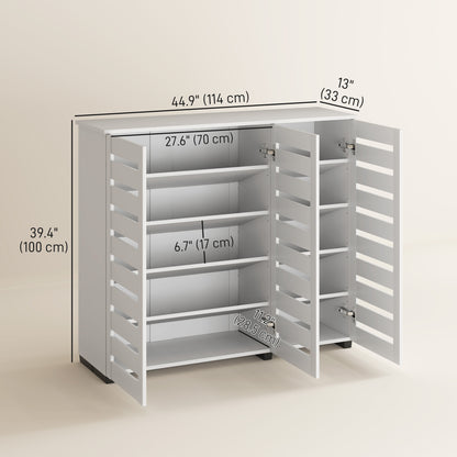 Narrow Shoe Cabinet with Slatted Doors, Adjustable Shelves for 20 Pairs of Shoes, Shoe Cabinet for Entryway, White