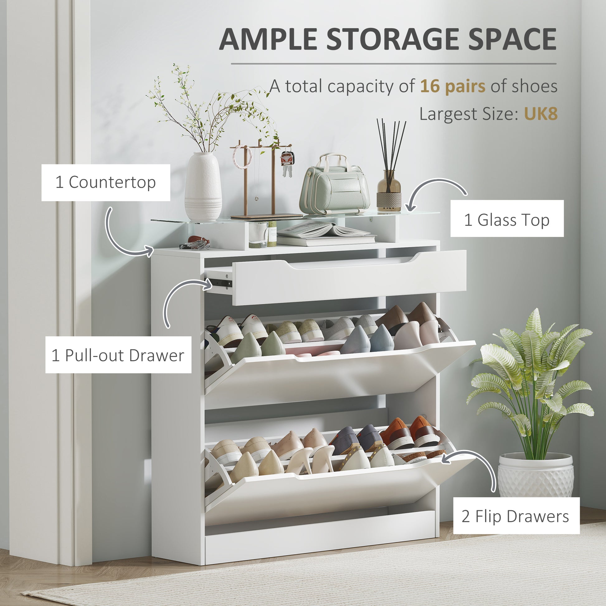 High Gloss Shoe Cabinet with 2 Flip Drawers and Adjustable Shelves, Narrow Shoe Storage Cabinet with Glass Top, White