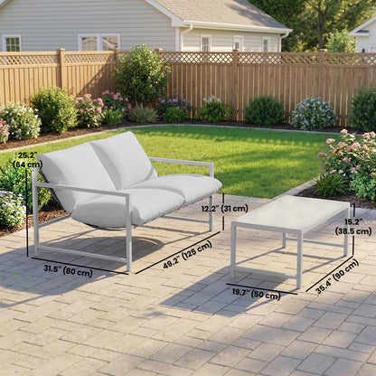 2 Piece Patio Furniture Set, Outdoor Loveseat Sofa Set with Thick Cushions and Coffee Table for Porch Garden, Light Grey