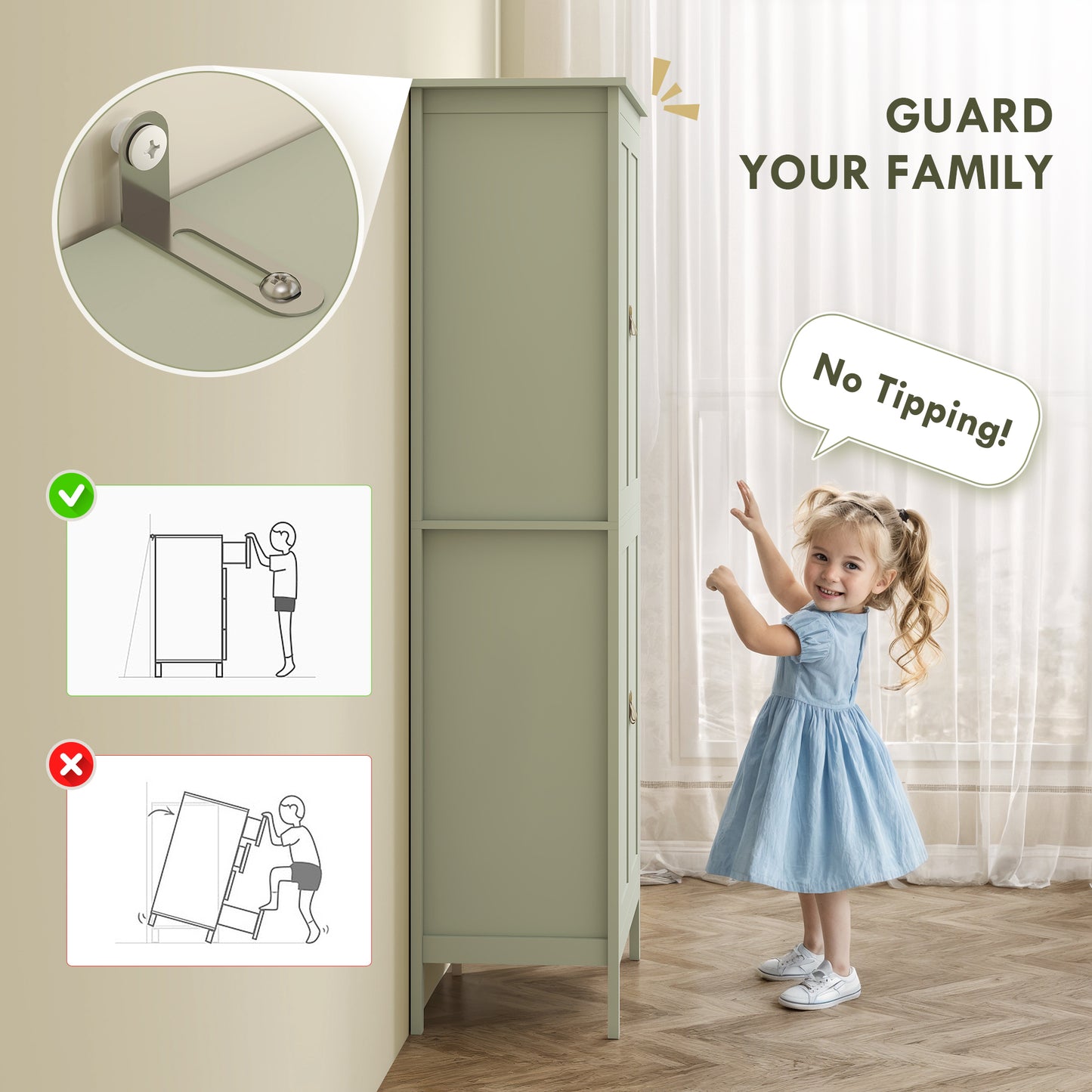 69.5" Tall Kitchen Pantry Storage Cabinet with Motion Sensor LED Light, Modern Kitchen Pantry Cabinet, Green