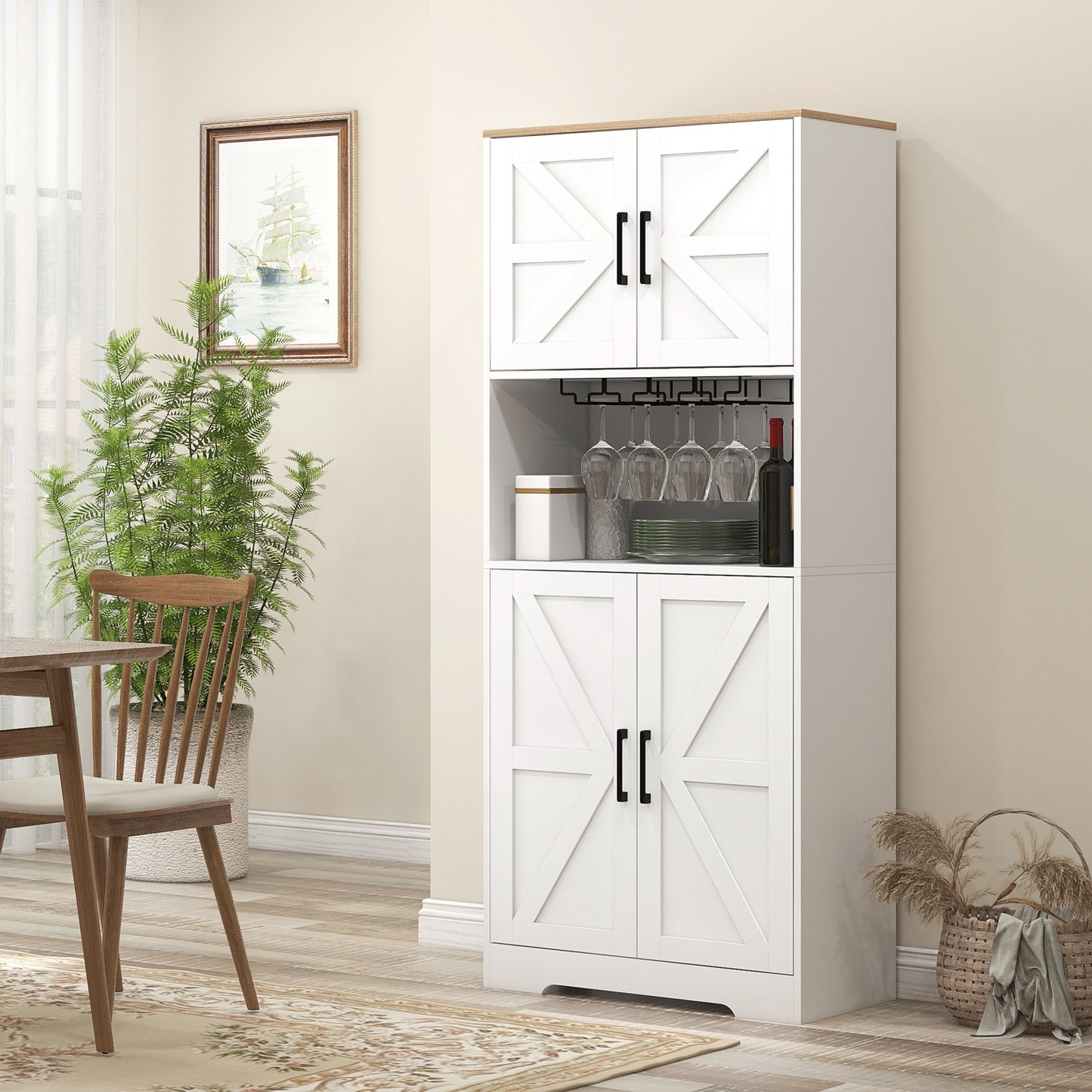 Farmhouse Kitchen Pantry, 68" Freestanding Hutch Storage Cabinet with Microwave Oven Countertop, White