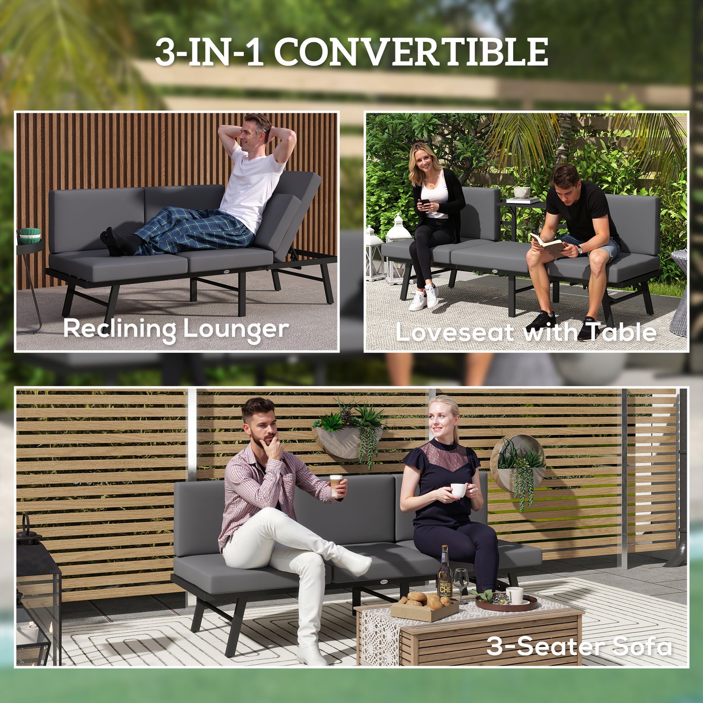 3-in-1 3-Seater Outdoor Sofa, Lounge Chair with 5-Position Adjustable Back, Patio Loveseat with Folding Table, Grey