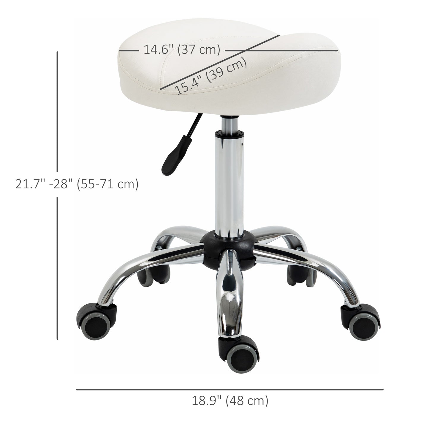 Ergonomic Saddle Stool with Wheels, Adjustable PU Leather Saddle Chair, 360° Swivel, NO Back Pain, Healthy Posture, Salon Chair for Massage Medical Home, White