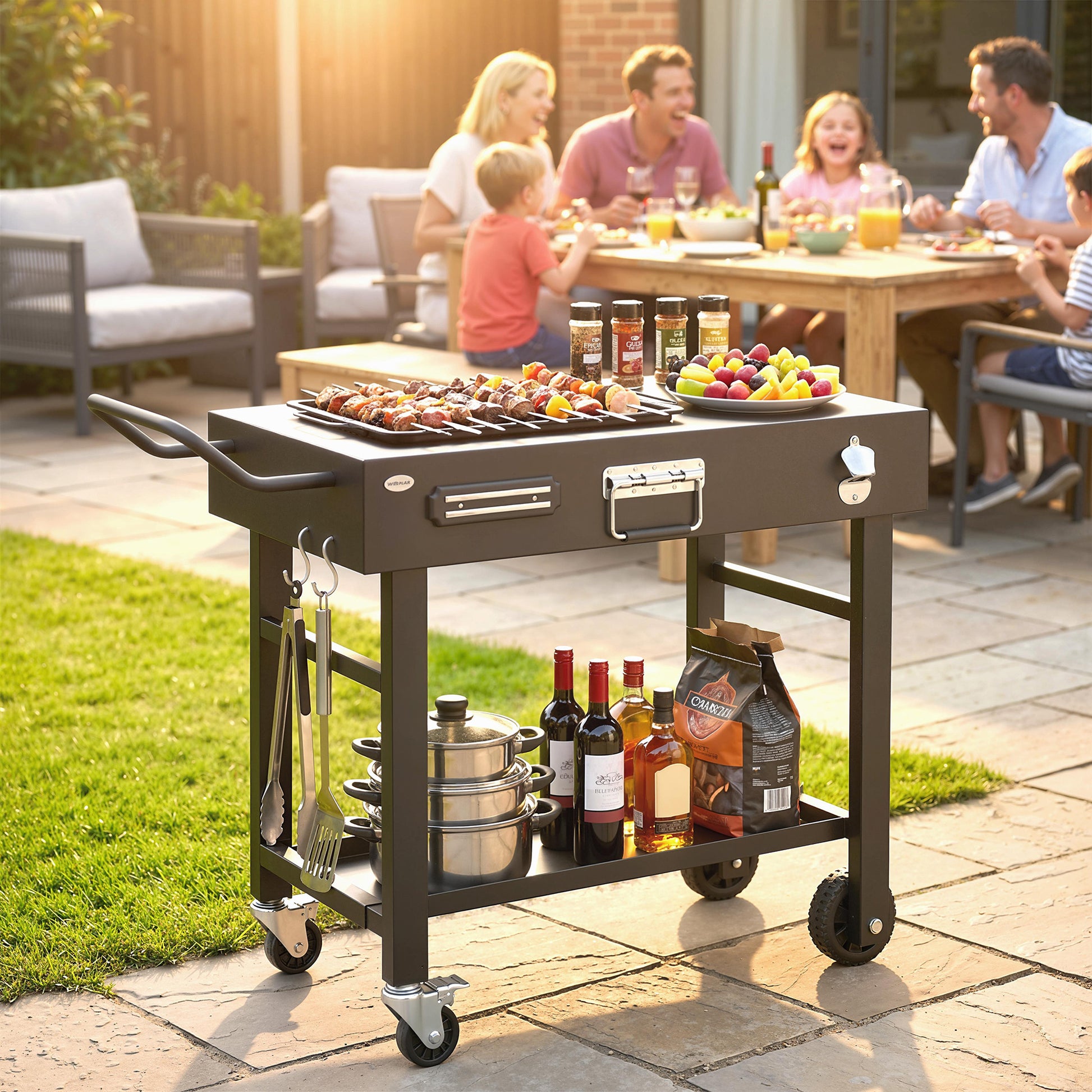 Outdoor Grill Cart, Folding Grill Table with Magnetic Knife Holder, Hooks, Spice Rack, Paper Rack, Black