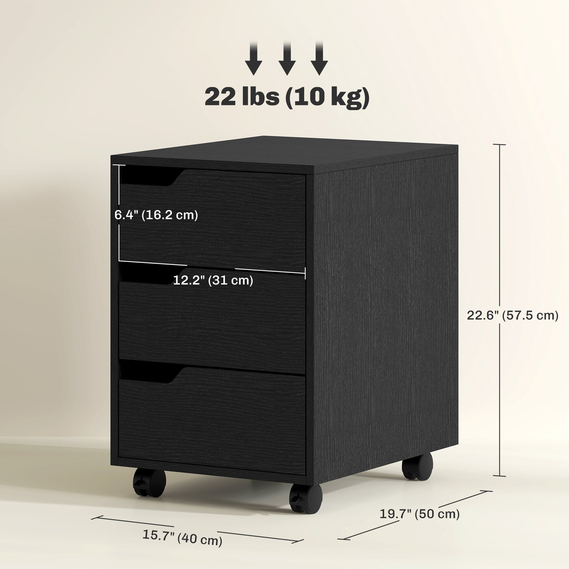 3 Drawer File Cabinet, Vertical Filing Cabinet with Wheels, Mobile Printer Stand with Storage for Home Office, Black