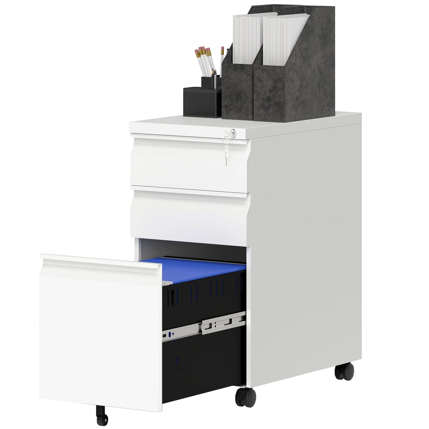 3 Drawer Filing Cabinet with Lock, Steel Office Storage Cabinet with Hanging Bar for A4, Legal, Letter Files, White