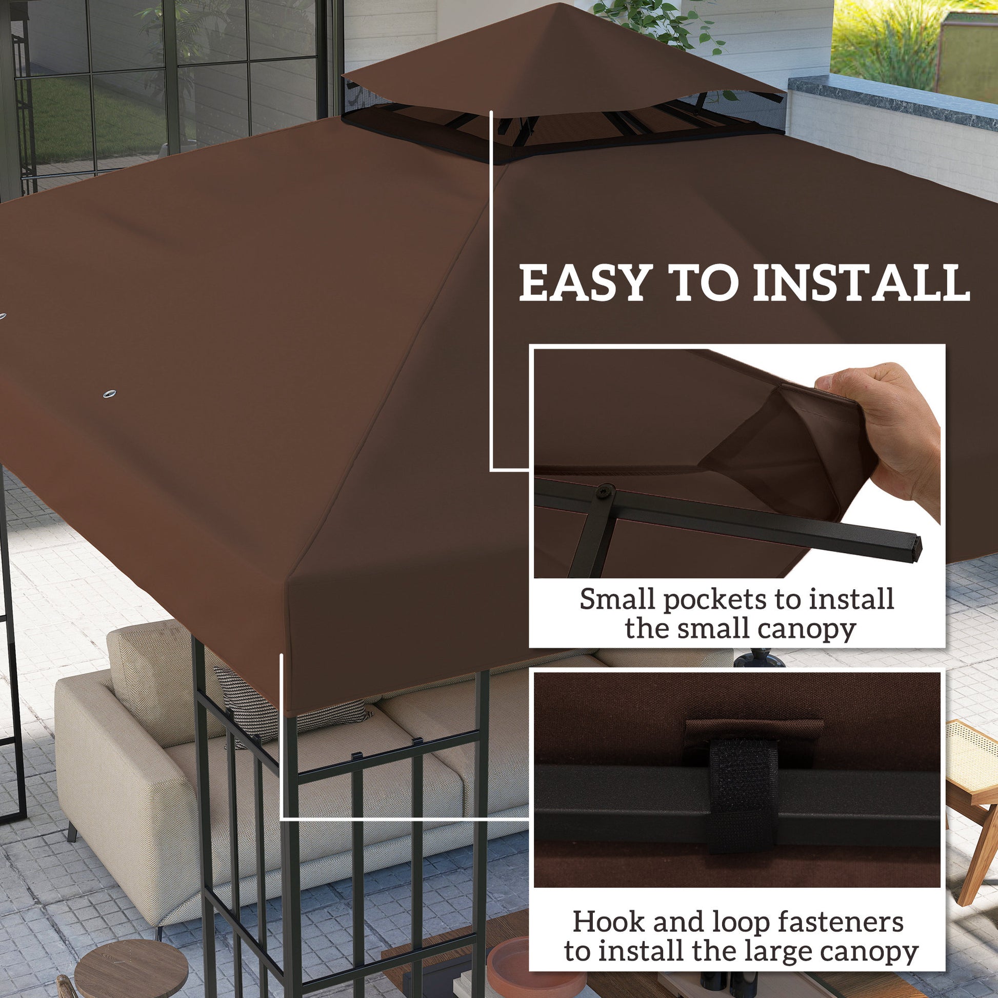 10' x 10' Gazebo Canopy Replacement Cover, 2-Tier Garden Gazebo Roof Replacement, UPF30+, TOP COVER ONLY, Coffee
