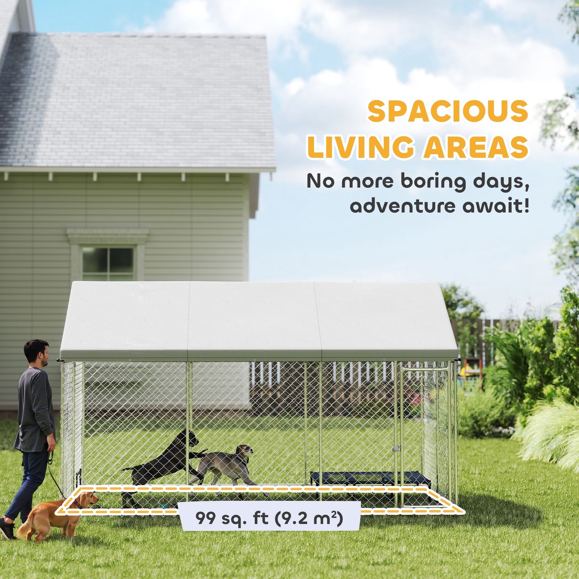 Galvanized Steel Outdoor Dog Kennel with Roof, Safety Lock, for Backyard, 13.1' x 7.5' x 7.8'