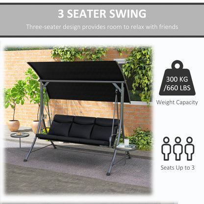 3 Seat Outdoor Swing Chair Steel Swing Bench Porch Swing With Adjustable Canopy & Coffee Tables & Cushion for Patio Garden, Black