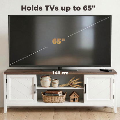 TV Stand for TVs up to 65 Inch, Entertainment Center with 2 Open Shelves, 2 Cabinets, Thick Top, White and Brown