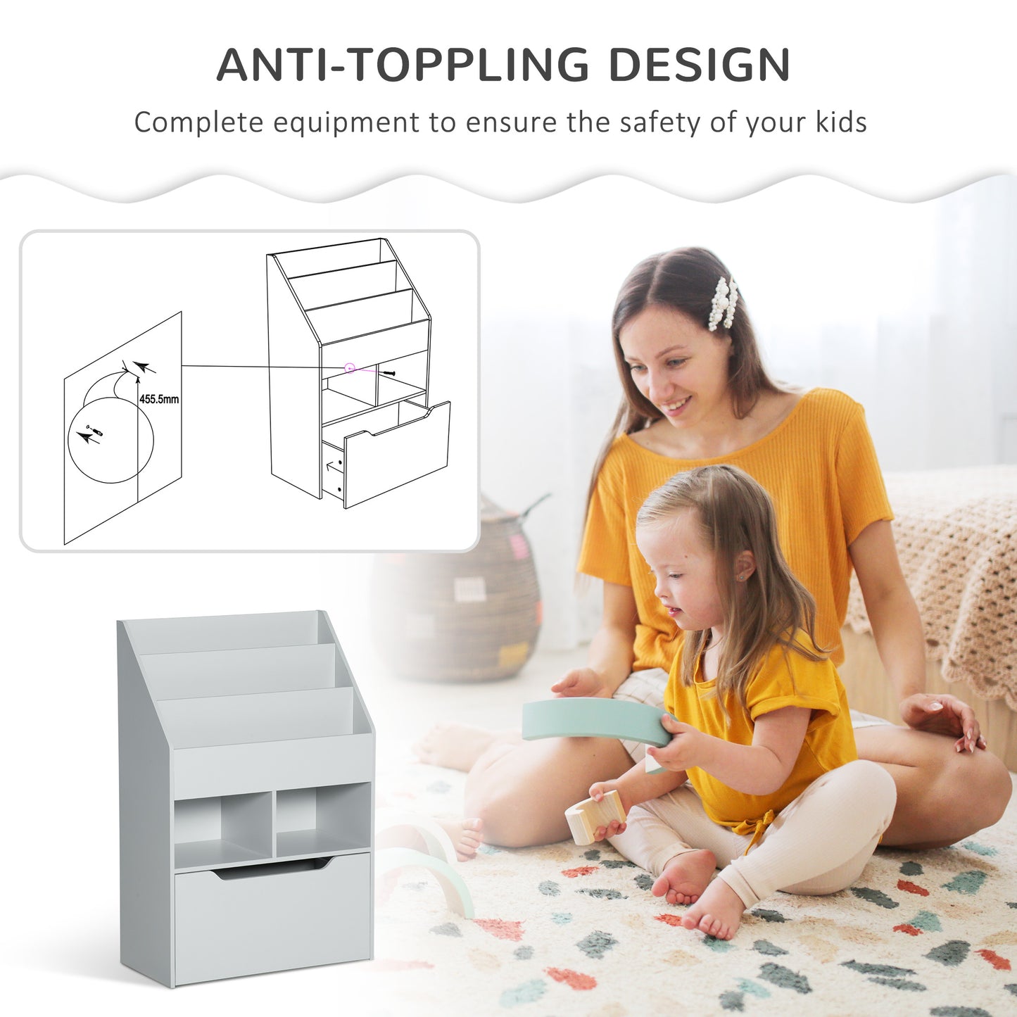 Kids Bookcase Multi-Shelf Rack Organizer with Storage Drawer for Books for Reading Nook, Classroom, Bedroom, Playroom, Grey