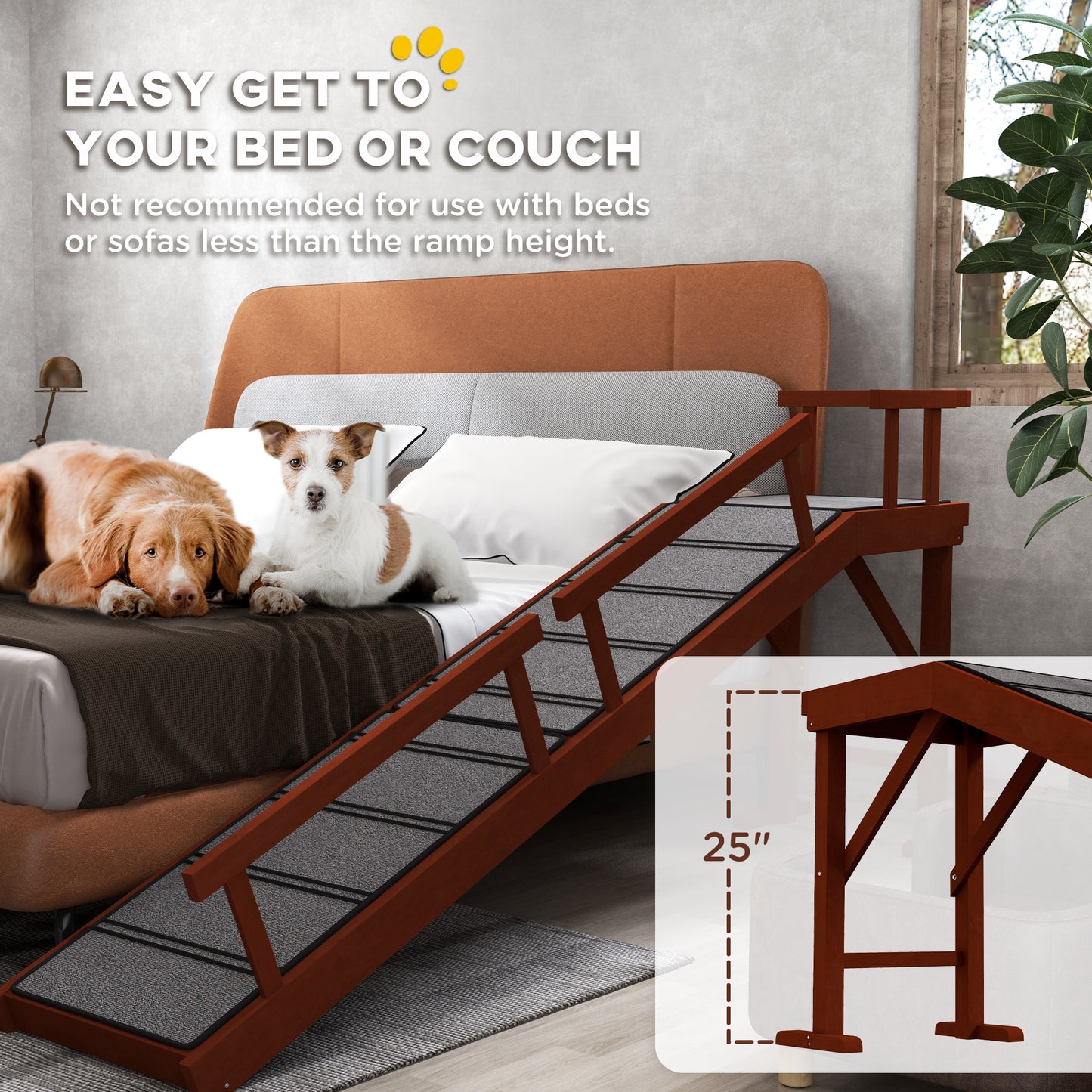 Wooden Dog Ramp for Large Dogs, 73" Long, with Non-slip Rug, Removable Guardrails for Couch, Bed, Brown