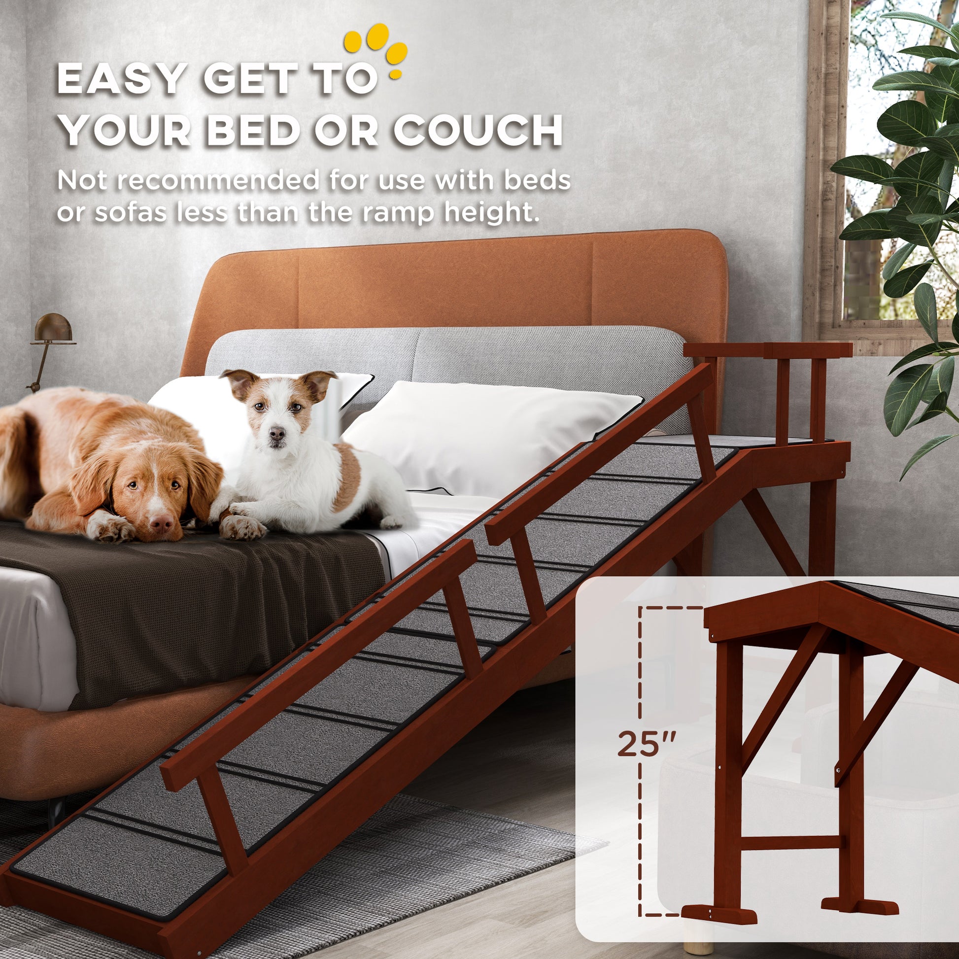 Wooden Dog Ramp for Large Dogs, 73" Long, with Non-slip Rug, Removable Guardrails for Couch, Bed, Brown