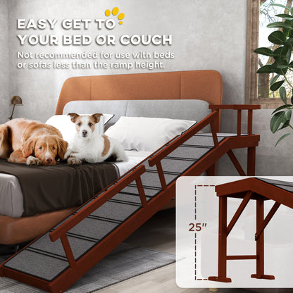 Wooden Dog Ramp for Large Dogs, 73" Long, with Non-slip Rug, Removable Guardrails for Couch, Bed, Brown