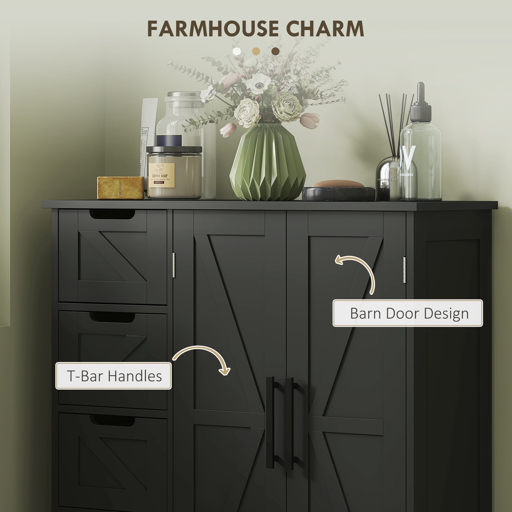 Bathroom Floor Cabinet, Farmhouse Bathroom Storage Cabinet with Adjustable Shelf, Black