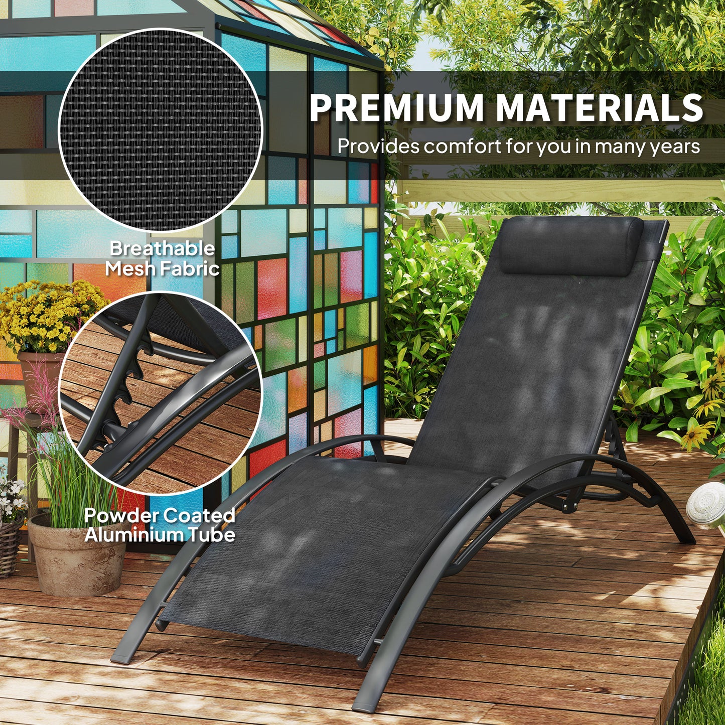 Patio Lounge Chair, Aluminum Reclining Outdoor Tanning Chair with 5-Level Adjustable Backrest, Head Pillow and Breathable Mesh Fabric, for Pool, Deck, Garden, Black
