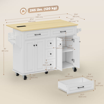 Kitchen Island Cart with Power Outlet & Drop Leaf, 55" Rolling Kitchen Island on Wheels with Storage, White
