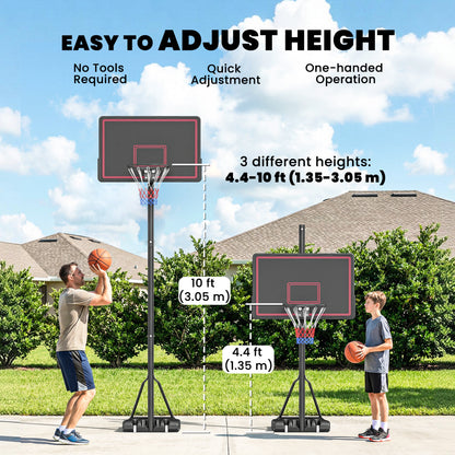 Soozier Portable Basketball Hoop Outdoor, 4.4-10ft Adjustable Height Basketball Goal with Wheels, Fillable Base and Sandbag