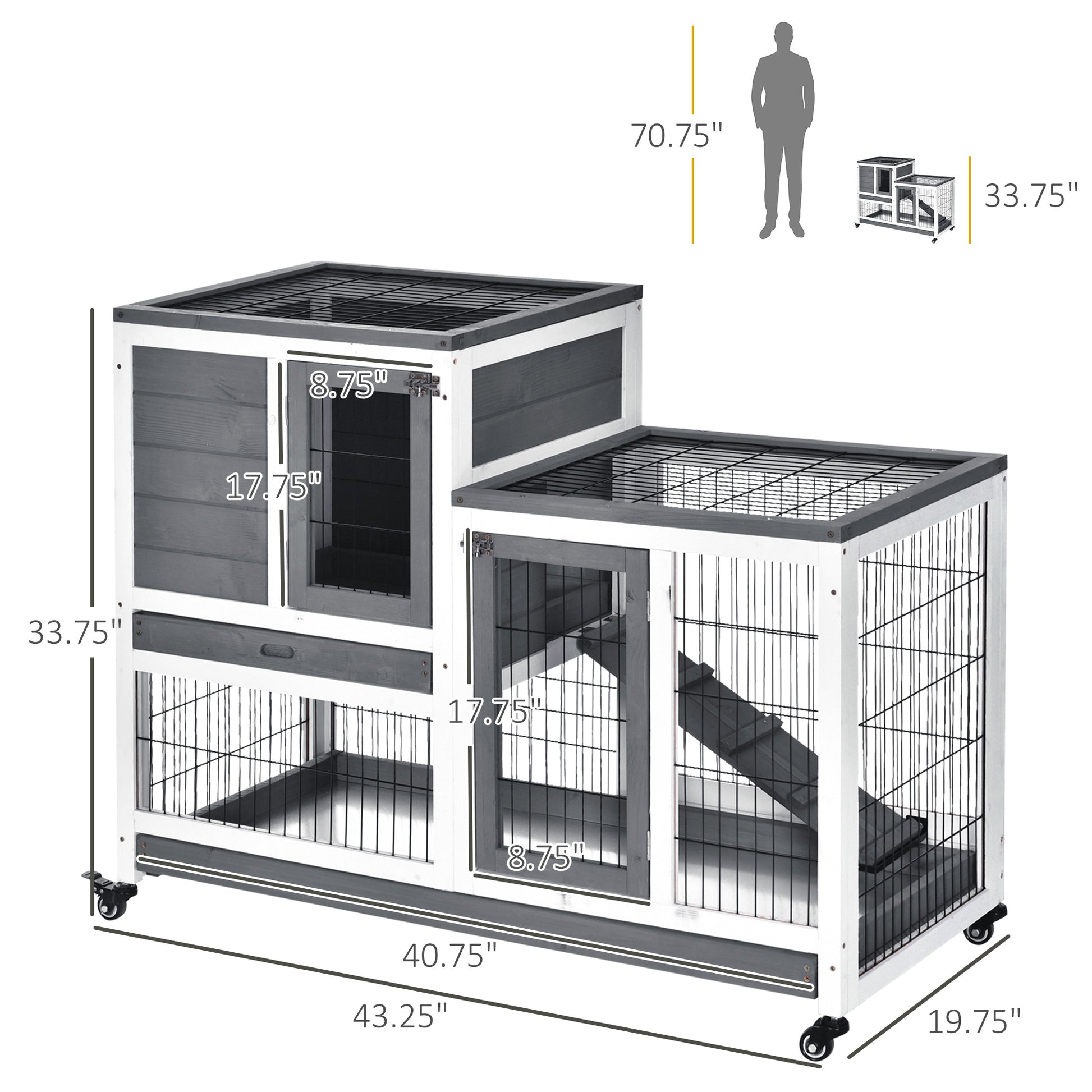 Wooden Rabbit Hutch, Indoor Bunny Cage with Wheels, Pull Out Trays, Run, Grey