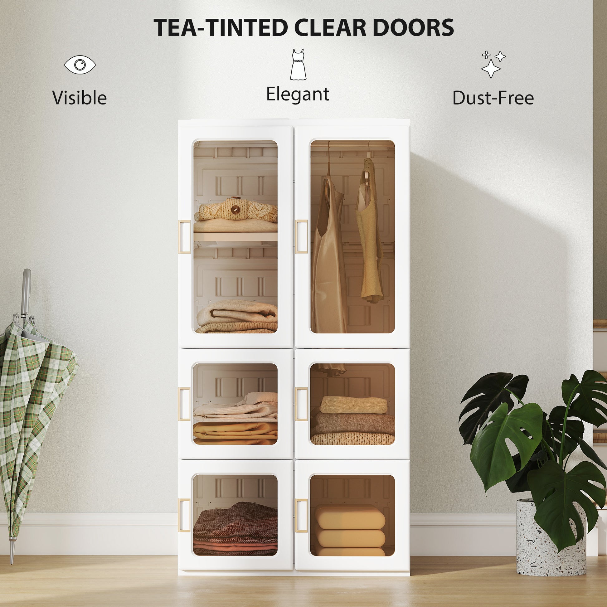 Portable Wardrobe, Foldable Plastic Closet with 5 Compartments, Hanging Rod and Magnetic Doors, White